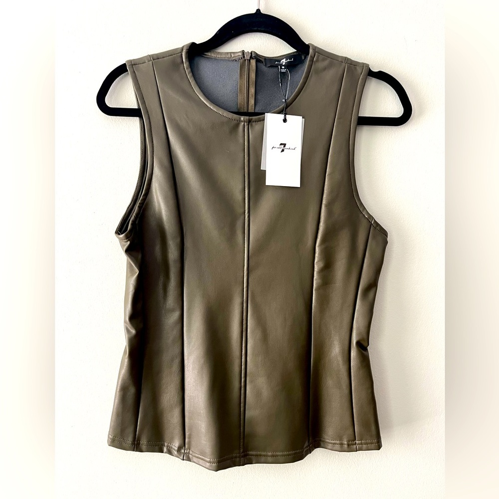 NWT 7 For All Mankind Faux Leather Sleeveless Shell Top olive green 7FAM Medium